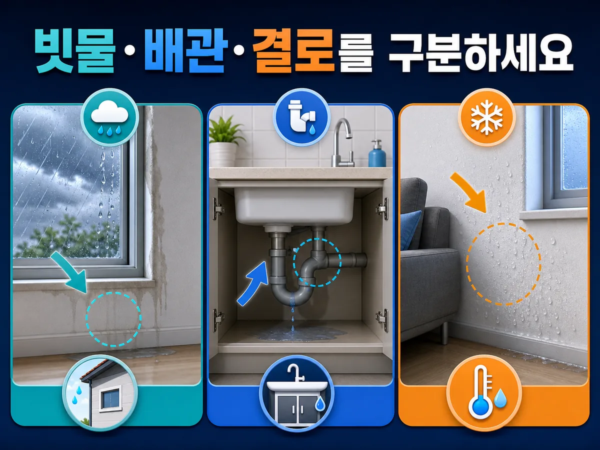 빗물 유입과 배관 누수 및 결로 비교 안내