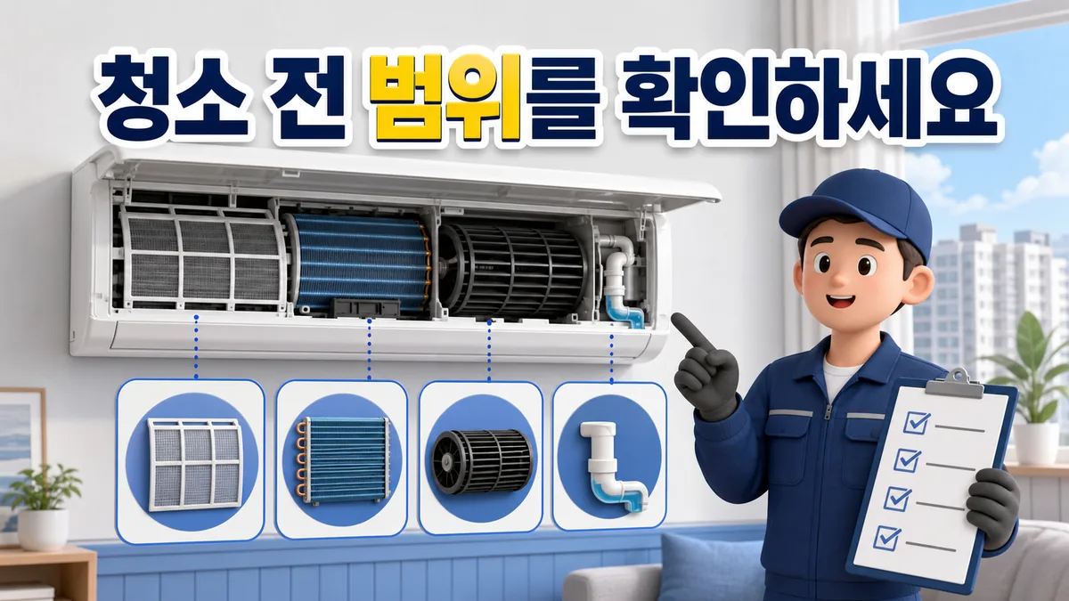 에어컨 필터와 열교환기 및 송풍팬과 배수부 청소 범위 확인