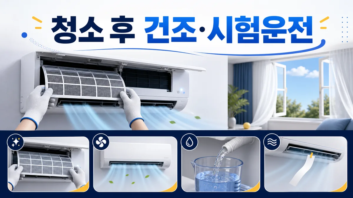 에어컨청소 후 필터 건조와 배수 및 시험운전 확인