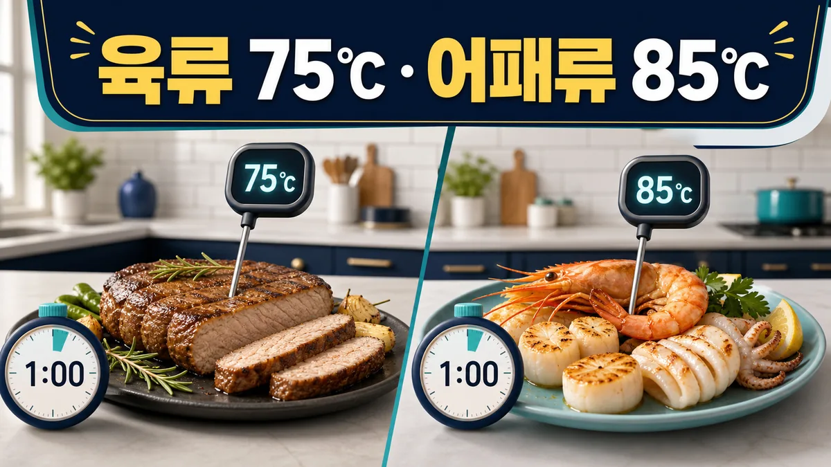 육류 75도와 어패류 85도에서 1분 이상 중심부 가열
