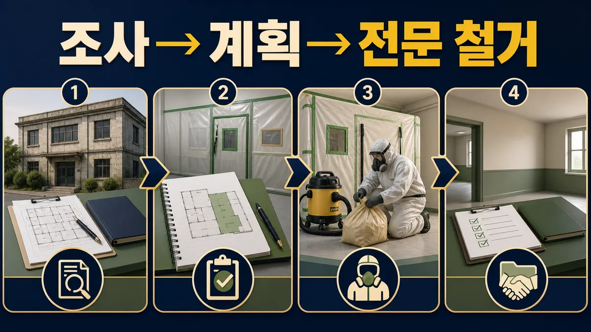 기존 자료 확인과 석면조사 및 작업계획 후 전문 철거와 결과 확인으로 이어지는 절차