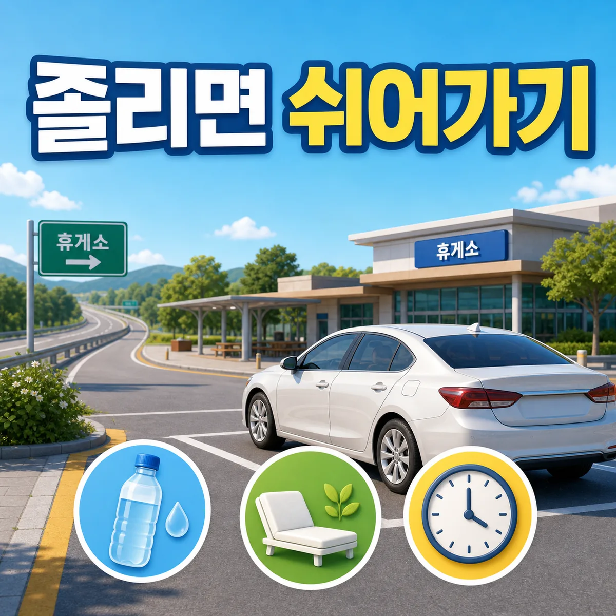 장거리 운전 중 졸음과 피로를 느끼면 고속도로 휴게소에 안전하게 주차하고 쉬어가는 모습