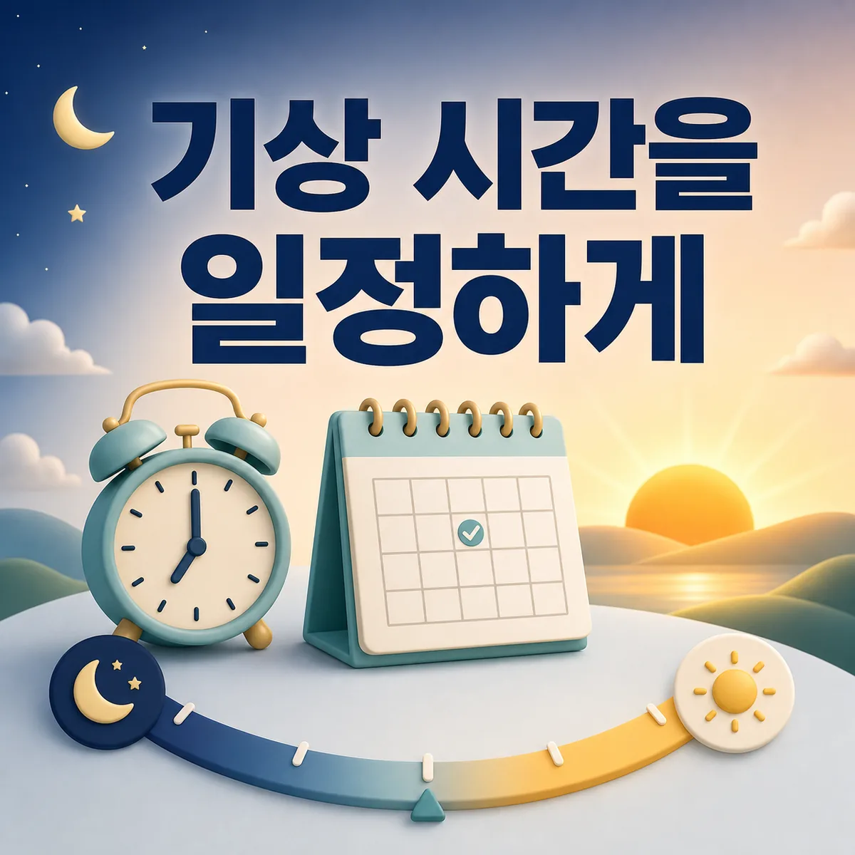 달에서 해로 이어지는 시간표와 달력으로 매일 비슷한 기상 시간을 유지하는 수면 루틴을 표현한 카드