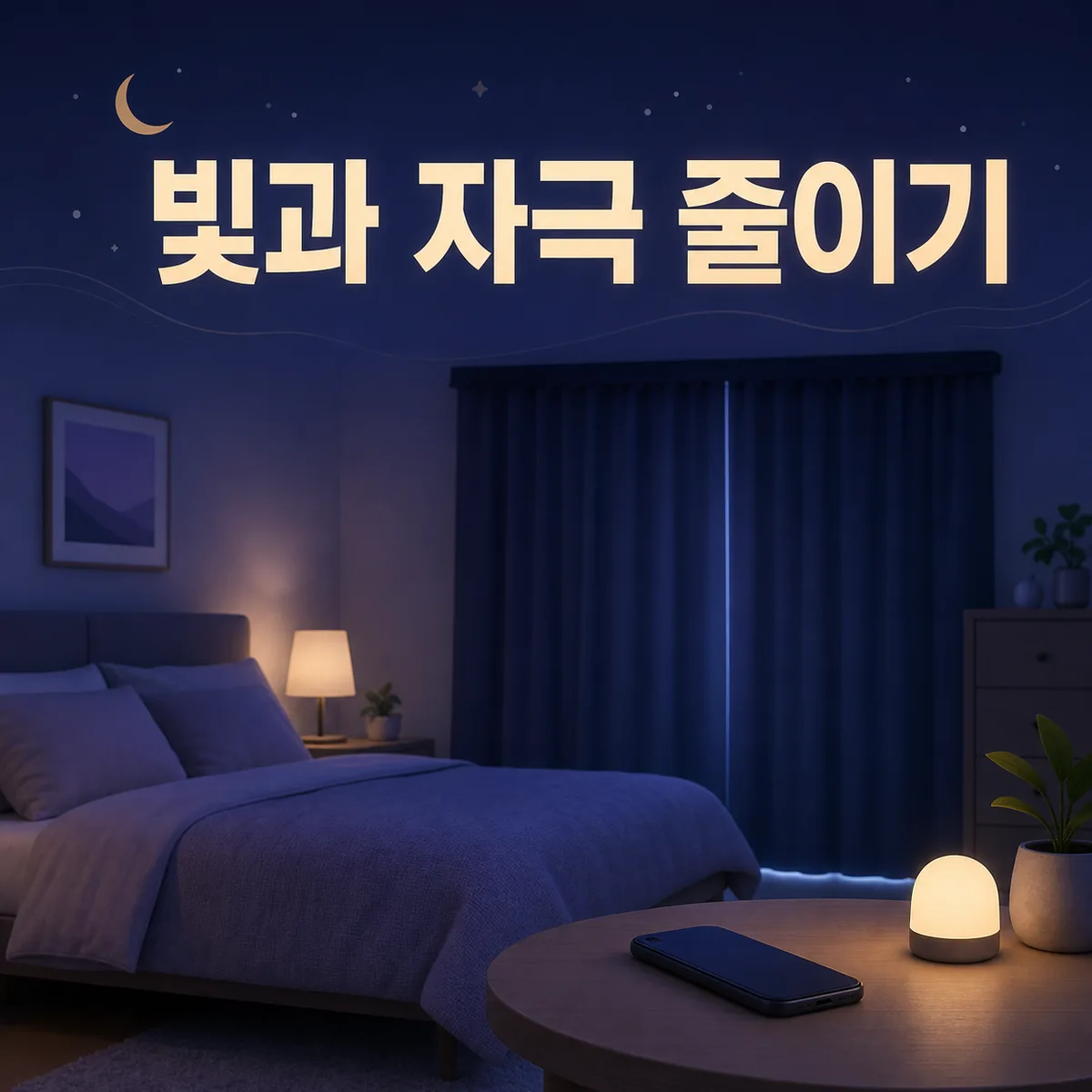 어두운 커튼과 낮은 조명 및 뒤집어 둔 휴대전화로 잠들기 전 빛과 자극을 줄인 침실