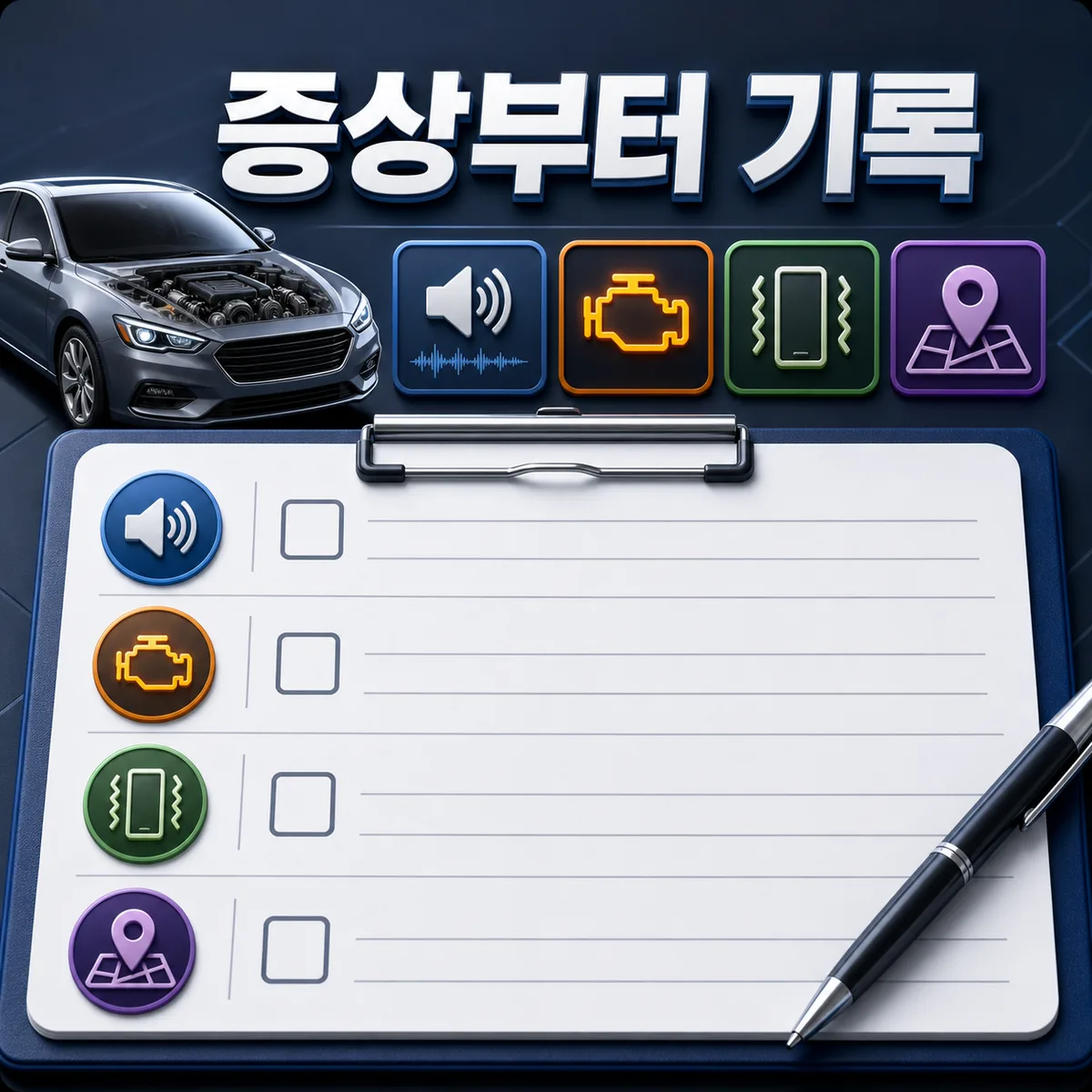 청주 자동차정비 방문 전 소음 경고등 진동과 발생 위치 및 시간을 체크리스트에 기록하는 카드
