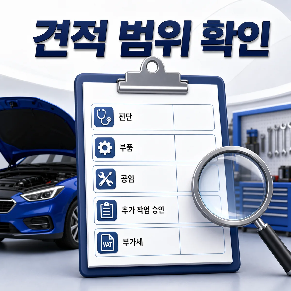 청주 자동차정비 견적에서 진단 부품 공임 추가 작업 승인과 부가세 범위를 나눠 확인하는 카드