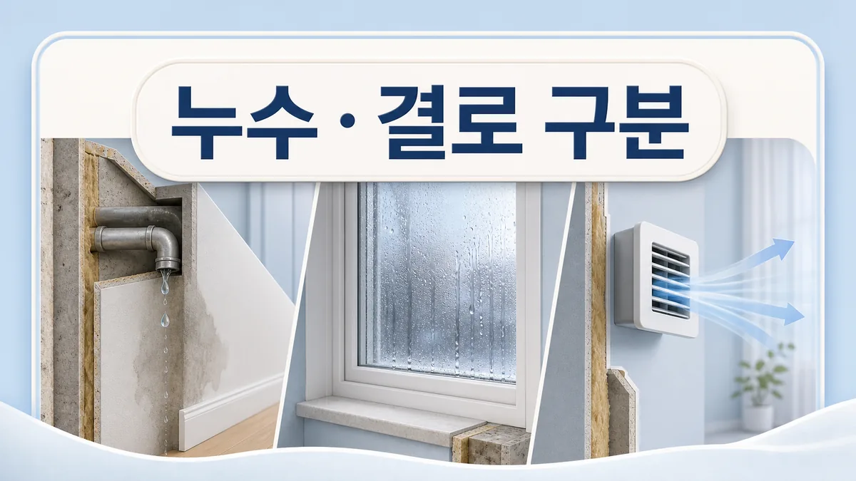 벽체 배관 누수와 창문 결로 및 환기 상태를 나란히 비교하는 인테리어 카드 이미지