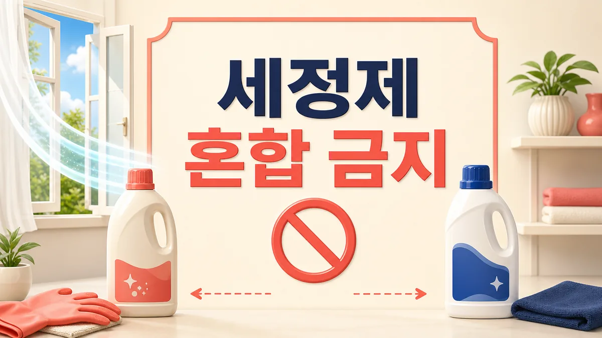 서로 다른 세정제를 분리하고 환기와 보호장갑을 확인하는 안전 카드 이미지