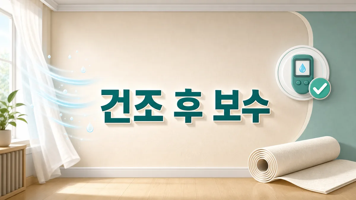 벽체의 수분 상태를 확인하고 충분히 건조한 뒤 새 벽지를 준비하는 카드 이미지