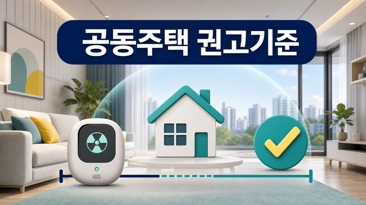 공동주택 실내 라돈 권고기준을 확인하는 거실과 측정기 카드