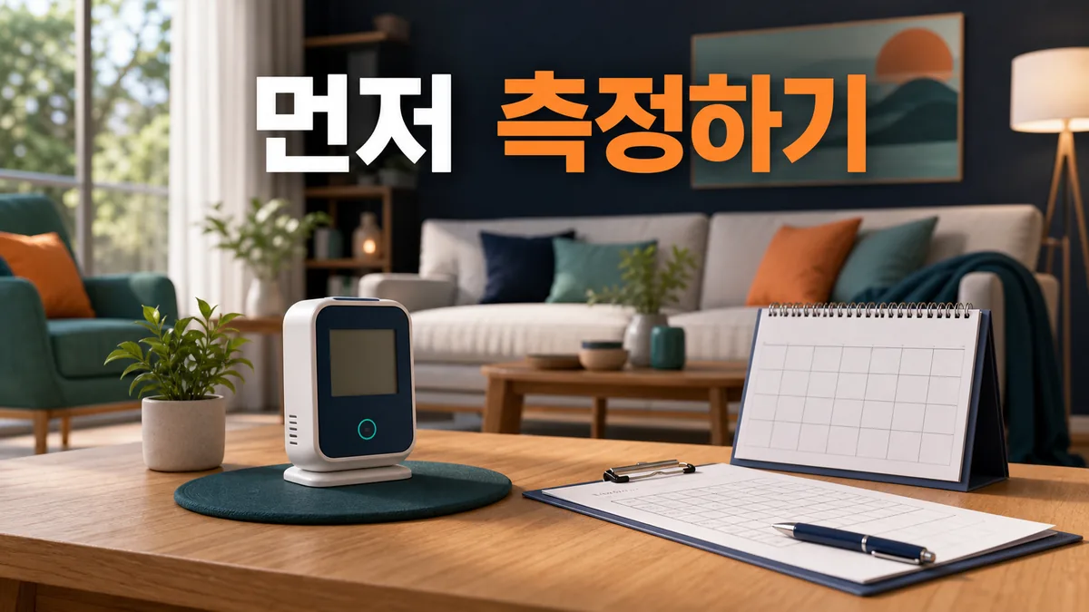 거실에 라돈 측정기를 두고 기간과 위치를 기록하는 측정 준비 카드