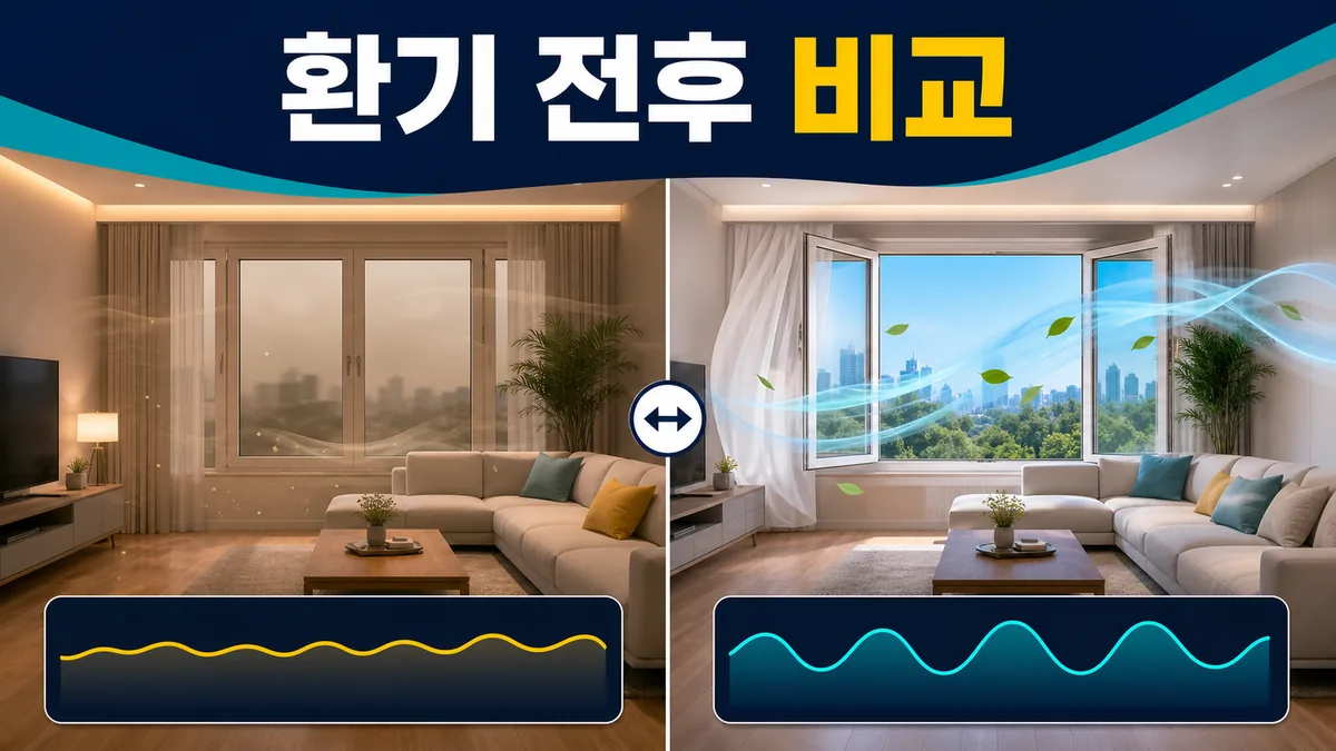 닫힌 창과 맞통풍 상태의 라돈 측정 변화를 비교하는 거실 카드