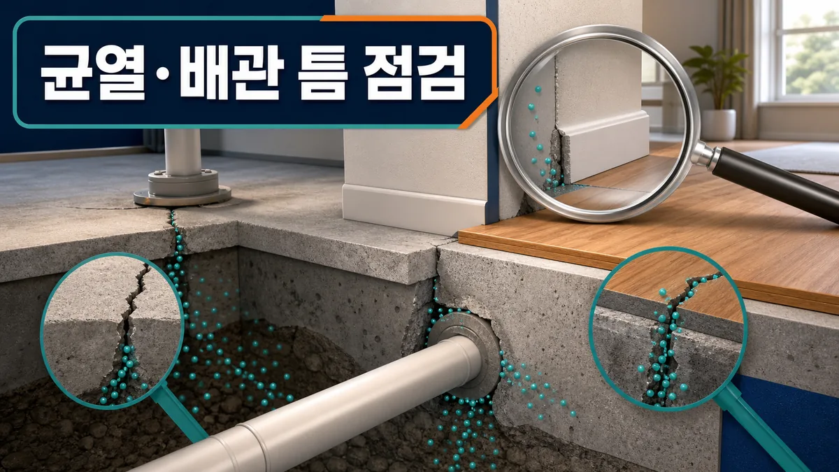 바닥 균열과 벽 바닥 접합부 배관 관통 틈을 확대해 점검하는 주택 단면 카드