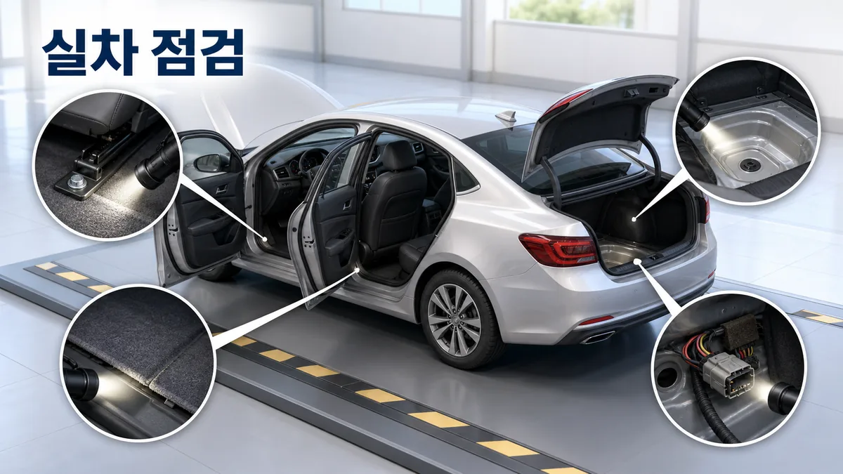 중고차의 시트 레일 바닥 카펫 트렁크 전기 커넥터를 함께 점검하는 카드