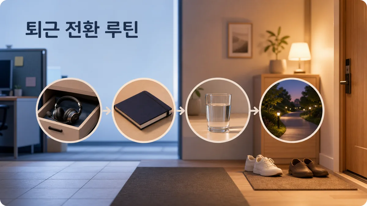 헤드셋 정리 기록 마감 물 마시기 짧은 걷기로 이어지는 퇴근 전환 루틴 카드