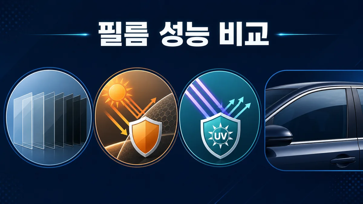 자동차 썬팅 필름의 가시광선 투과율 총태양에너지차단율 자외선 차단 항목을 비교하는 카드