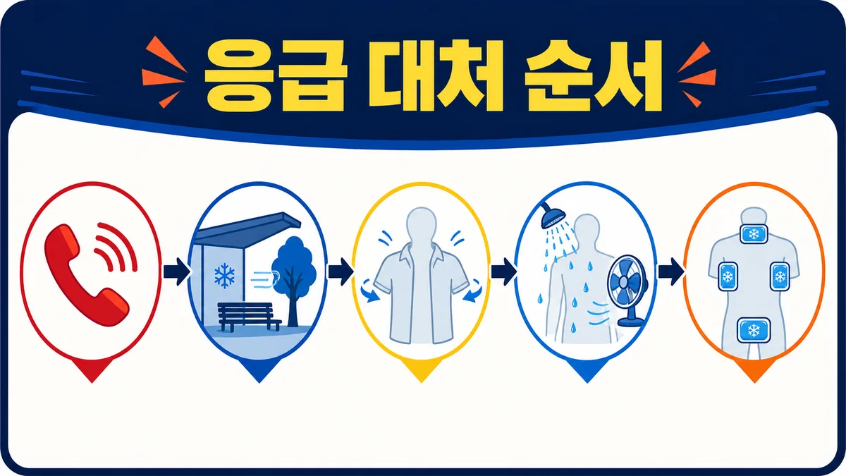 온열질환 의심 시 119 신고 시원한 곳 이동 옷 느슨하게 하기 물과 바람으로 냉각 얼음주머니 사용 순서 카드
