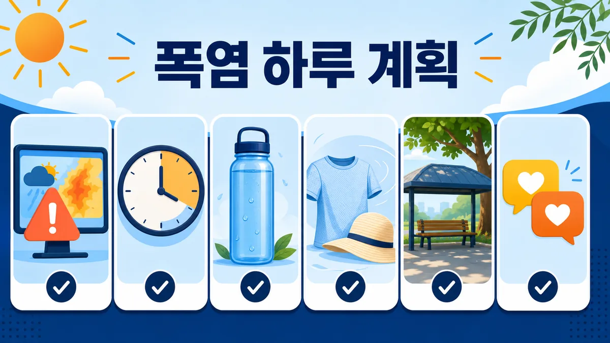 기상상황 확인과 더운 시간대 회피 물 준비 시원한 장소 휴식을 담은 폭염 하루 계획 카드