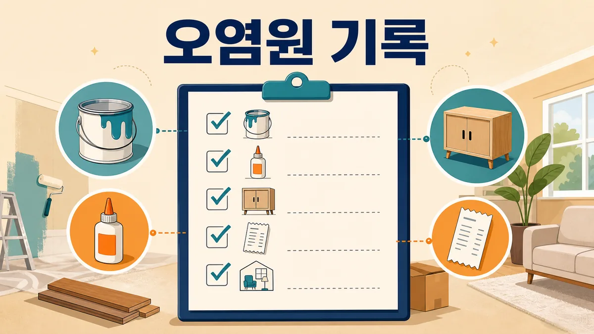 인테리어 자재와 시공일, 영수증을 기록하는 오염원 체크리스트 카드