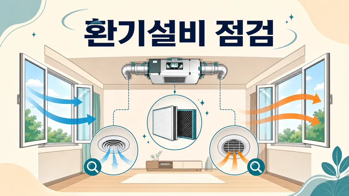 열린 창의 교차환기와 공동주택 기계환기설비 필터 점검 카드