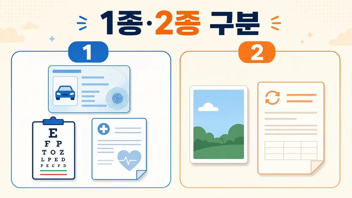 제1종 적성검사와 제2종 면허갱신 준비 절차 차이를 비교한 카드