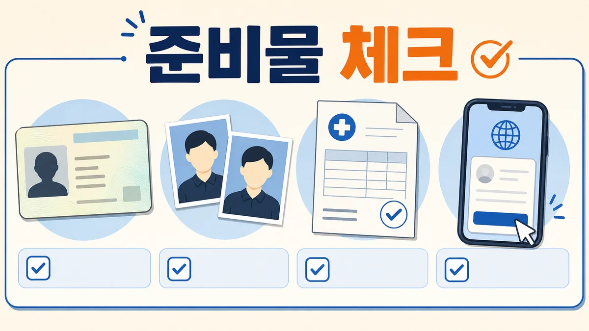 운전면허증과 여권용 사진, 건강검진 결과, 온라인 신청을 확인하는 준비물 카드