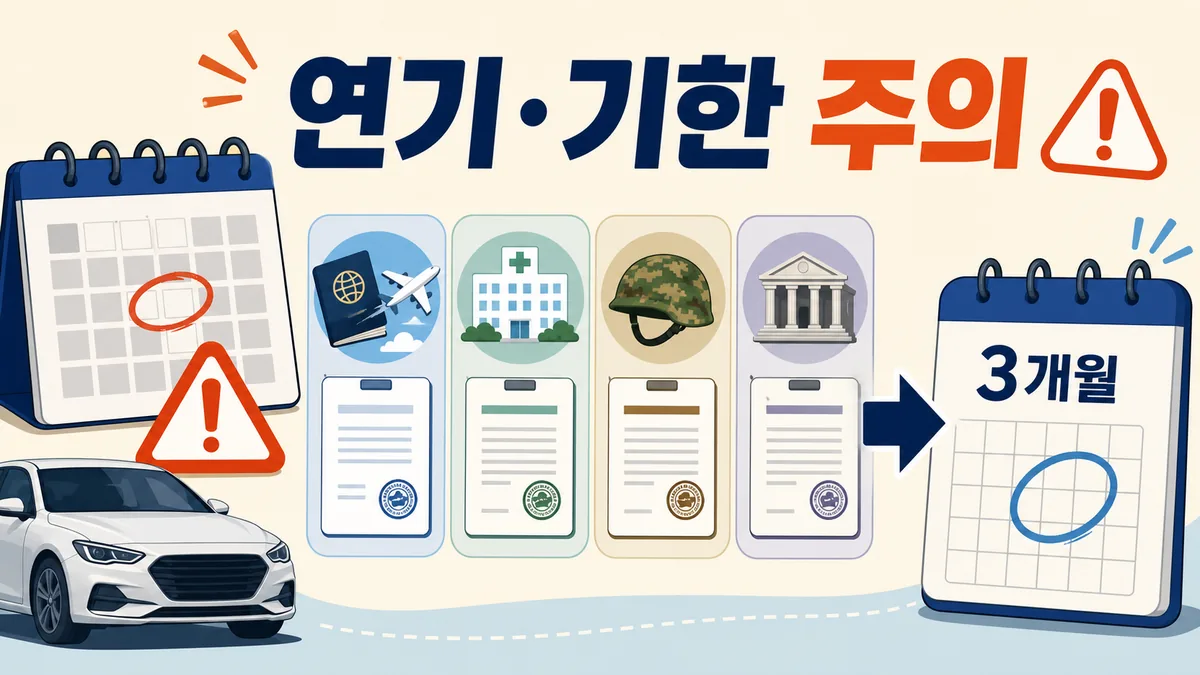 해외체류와 입원, 군복무 등 운전면허 갱신 연기 사유와 3개월 기한을 안내하는 카드