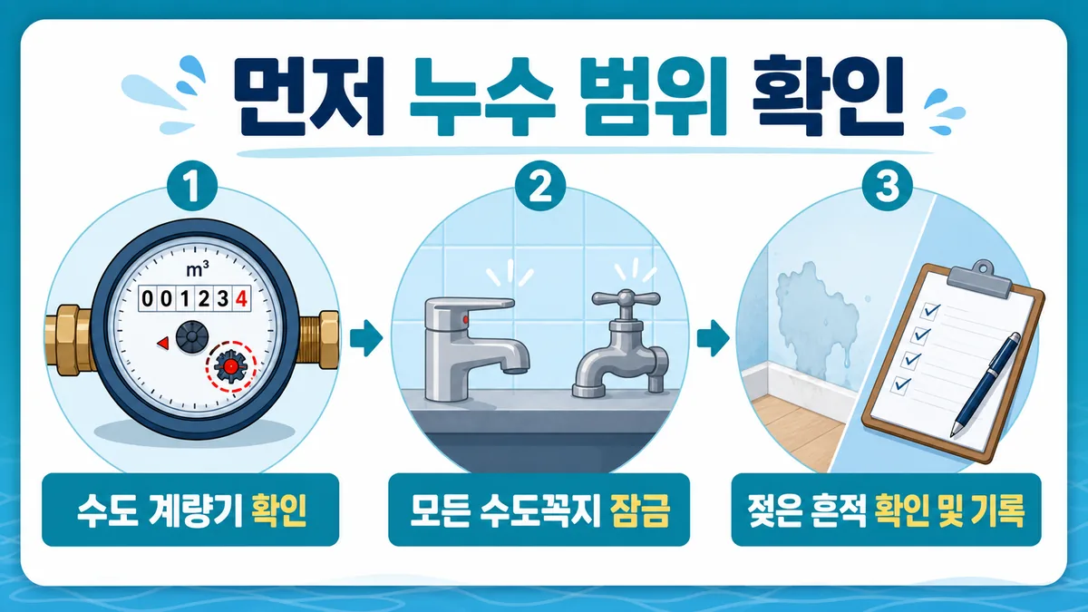 수도계량기와 수도꼭지, 젖은 흔적을 순서대로 확인하는 누수 범위 점검 카드