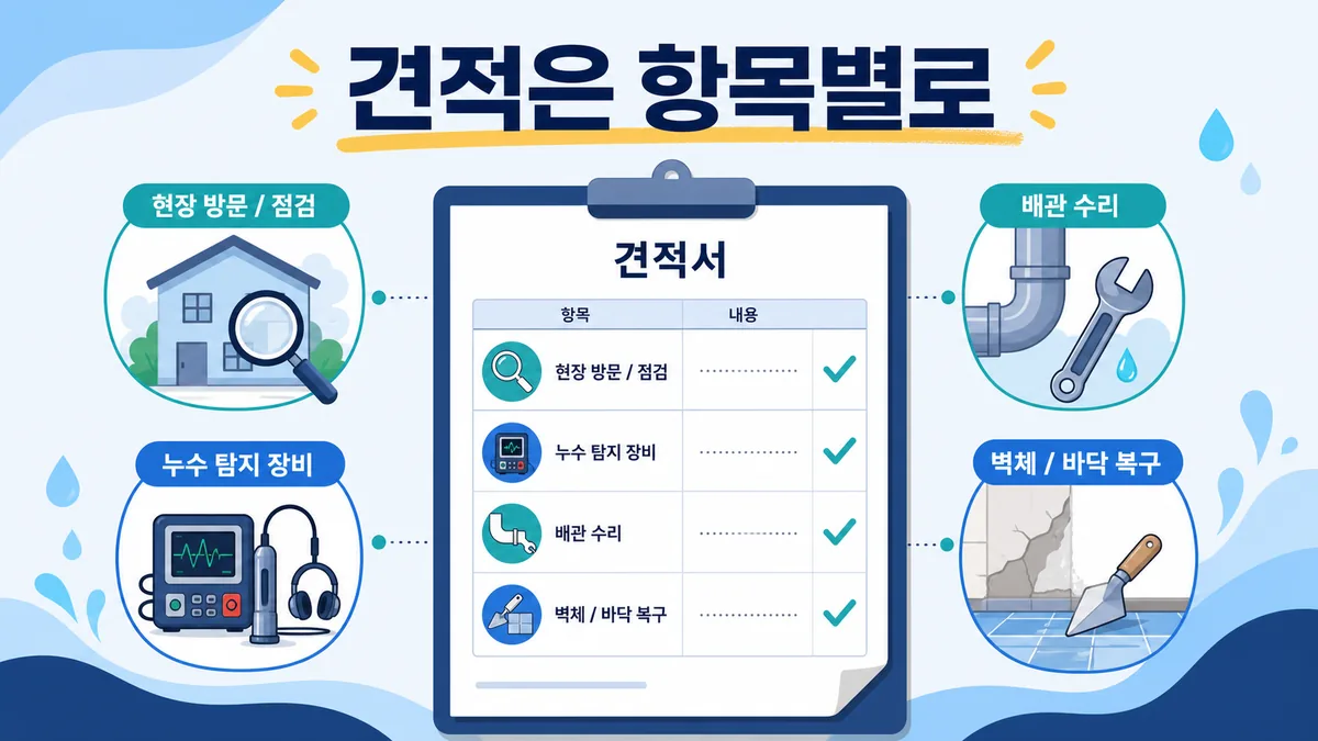 현장 점검과 누수 탐지 장비, 배관 수리, 벽체 복구를 구분한 항목별 견적 카드