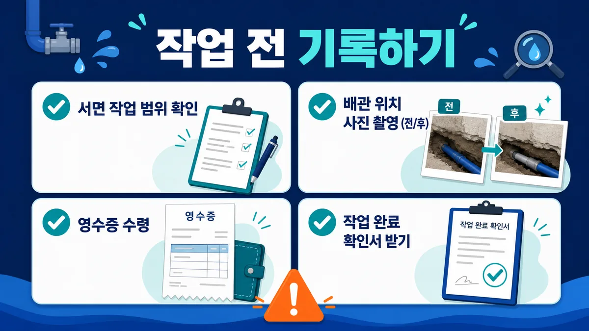 서면 작업 범위와 배관 위치 사진, 영수증, 완료 확인서를 남기는 실수 방지 카드