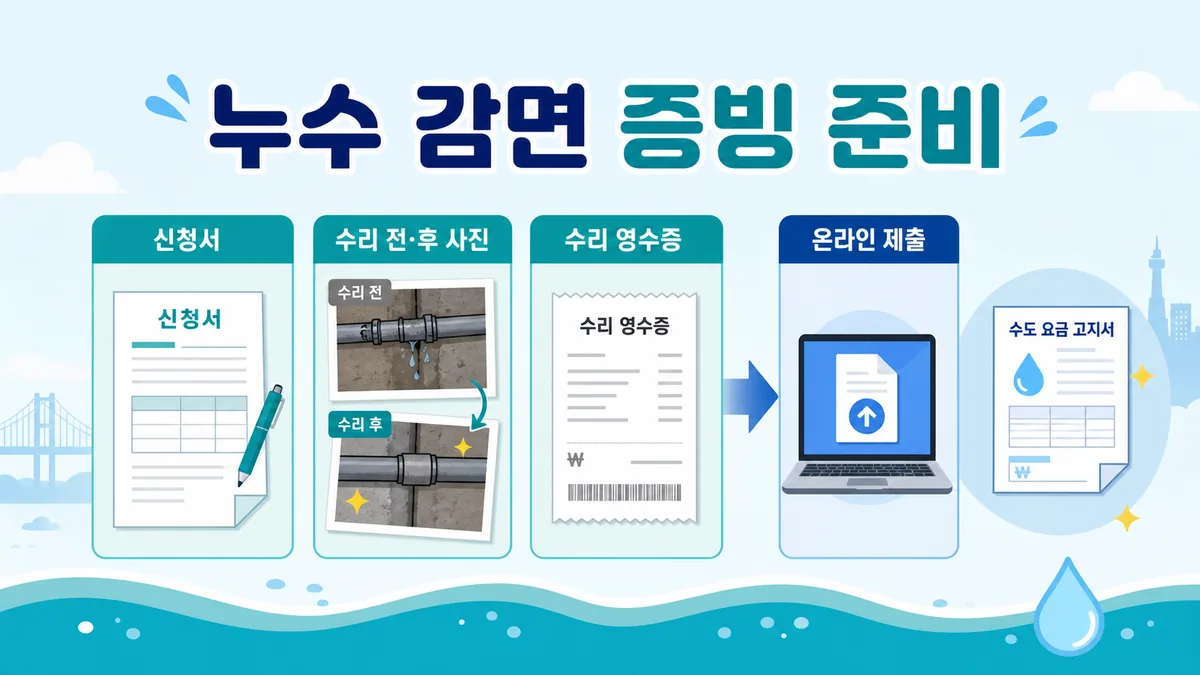 옥내누수 감면 신청서와 수리 전후 사진, 수리 영수증을 준비하는 증빙 안내 카드