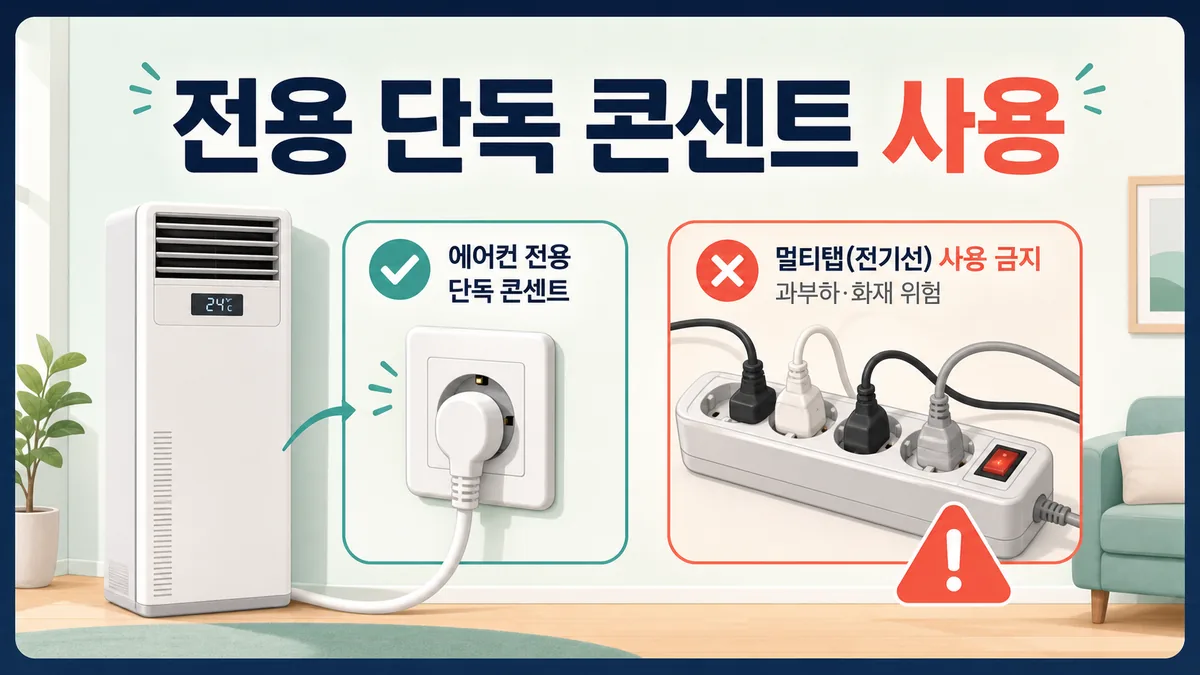 에어컨 실외기를 벽면에서 10cm 이상 띄우고 환기 공간을 확보하는 안전 배치 안내 카드