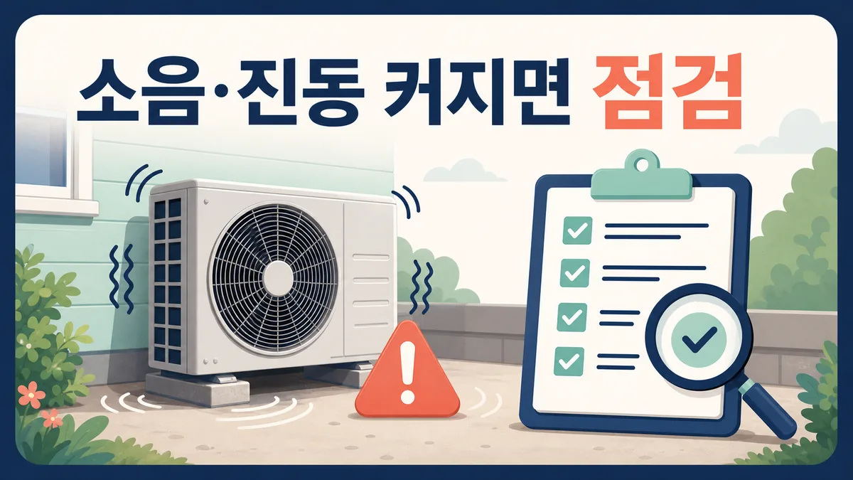 평소보다 커진 에어컨 실외기 소음과 진동을 확인하고 전문가 점검을 요청하는 안내 카드