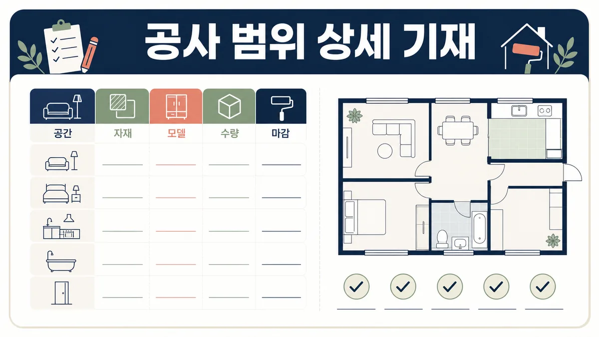 공간별 공사 범위와 자재 규격을 계약서에 상세히 기재하는 항목을 보여주는 카드형 안내 이미지