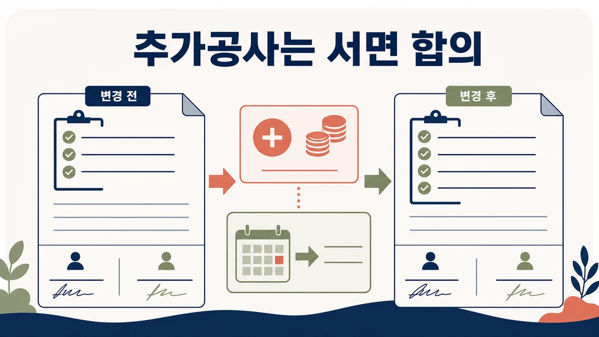 추가공사 시작 전에 범위와 금액, 일정 변경을 서면으로 합의하는 절차를 설명하는 카드형 이미지