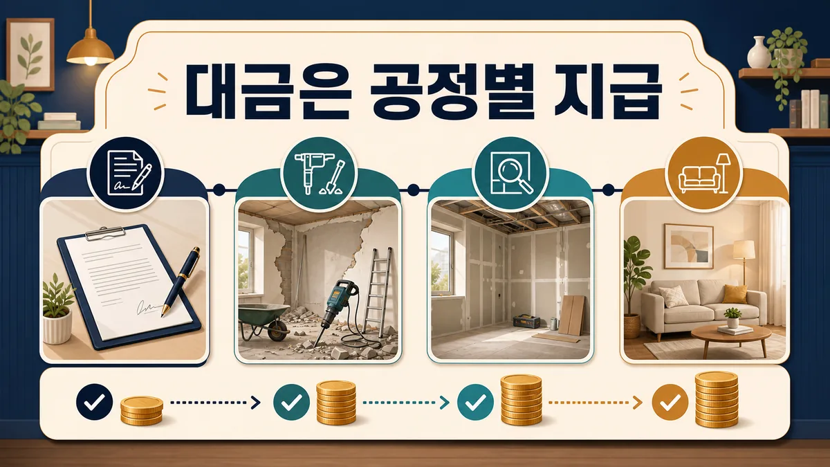 계약부터 완공까지 확인 가능한 공정 단계에 맞춰 대금을 지급하는 흐름을 보여주는 이미지