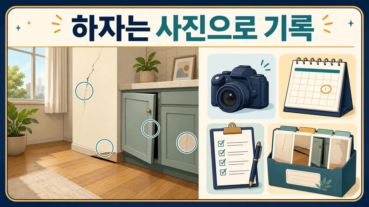 벽 균열과 바닥 들뜸, 수납장 정렬 상태를 사진과 날짜로 기록하는 하자 점검 안내 이미지
