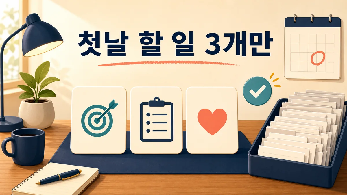휴가 후 복귀 첫날 핵심 업무 세 가지만 선택하고 나머지는 대기 목록으로 분리한 카드형 이미지