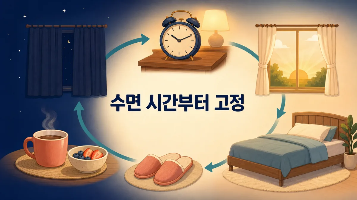 밤과 아침의 반복되는 수면·기상 준비 순서를 시계와 침실로 보여주는 생활 리듬 이미지