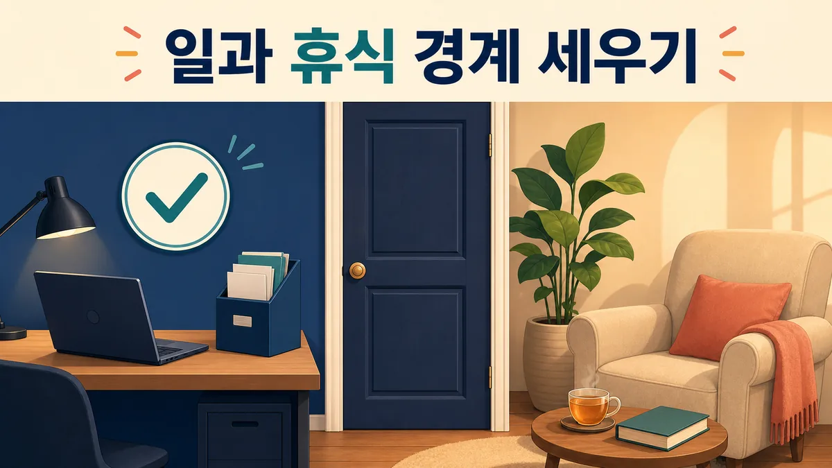 노트북이 있는 업무 공간과 차와 책이 있는 휴식 공간을 문으로 구분한 마음관리 이미지