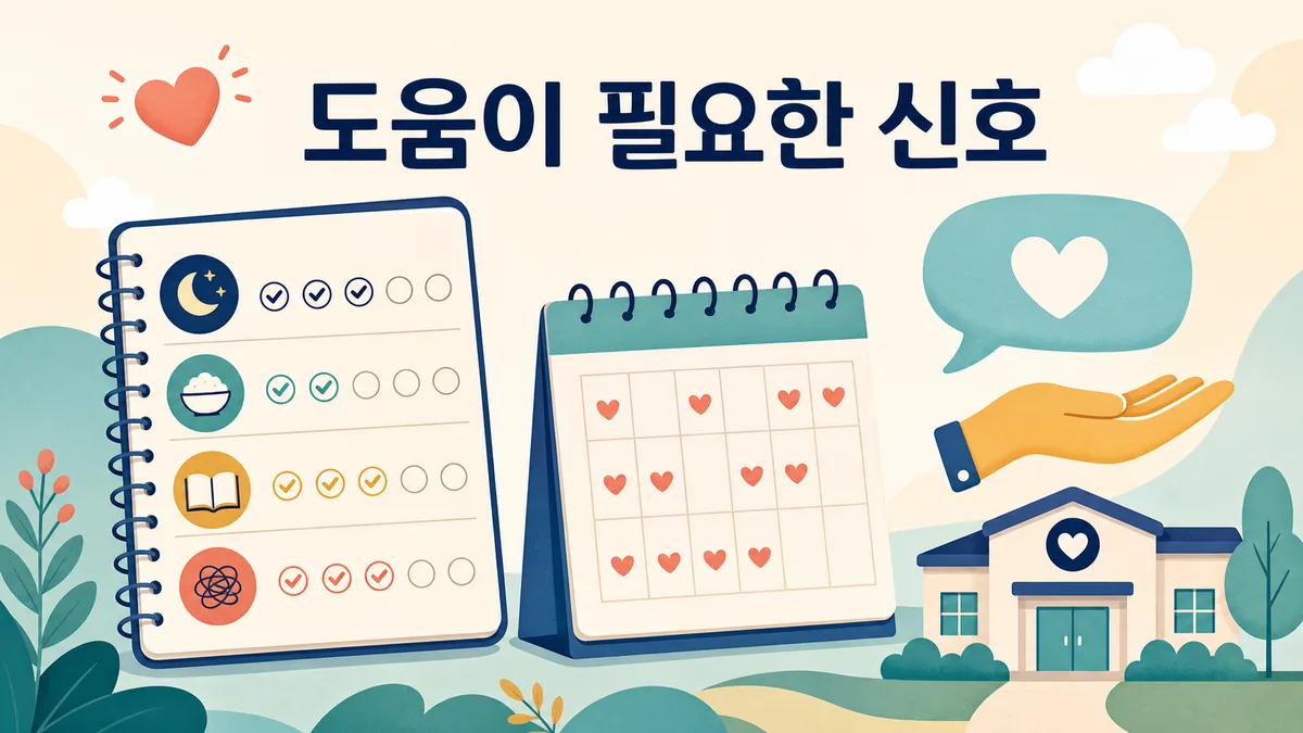 수면·식사·집중·긴장 상태를 날짜별로 기록하고 정신건강복지센터 상담을 고려하는 안내 이미지