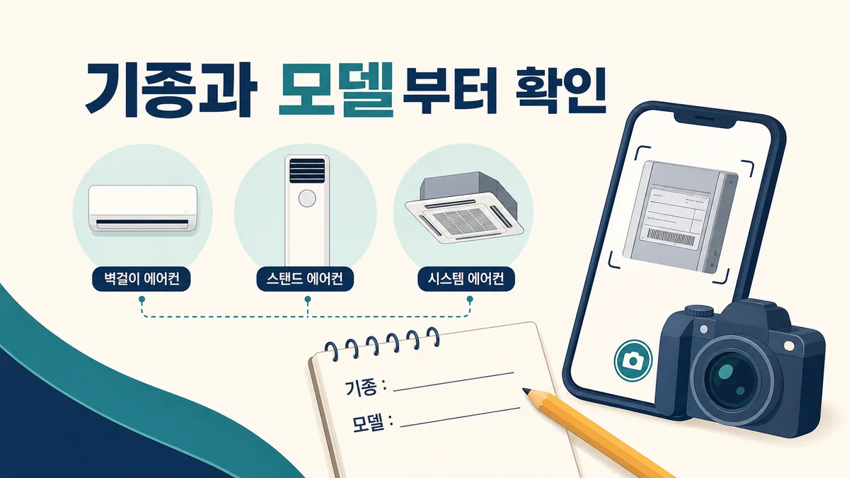 벽걸이·스탠드·시스템 에어컨과 모델 확인 방법을 보여주는 카드 이미지