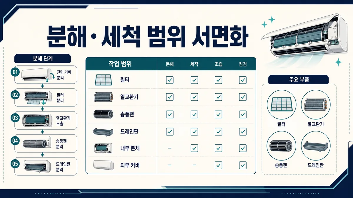 에어컨 필터·열교환기·송풍팬·드레인판의 분해와 세척 범위를 서면으로 확인하는 표