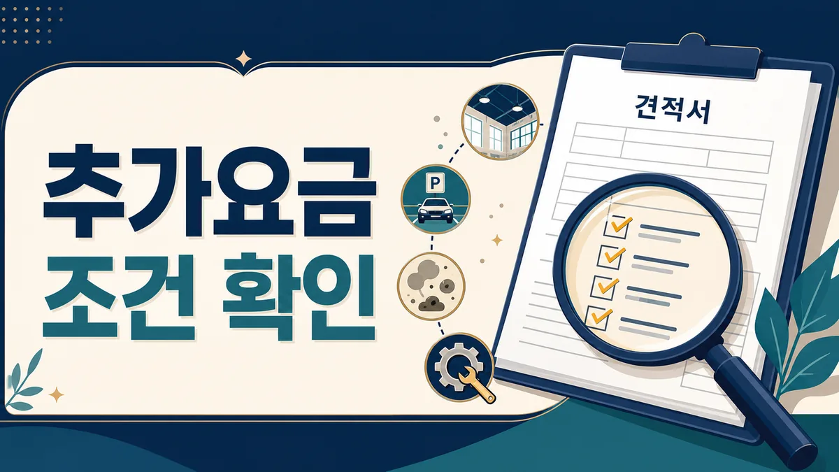 에어컨청소 견적서에서 높은 천장·주차·오염·부품 교체 등 추가요금 조건을 확인하는 카드