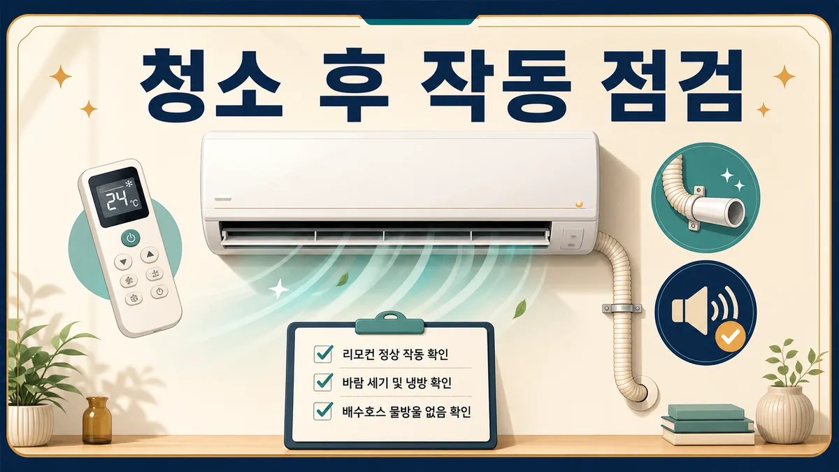 에어컨청소 후 리모컨·바람·소음·배수 상태를 점검하는 카드 이미지