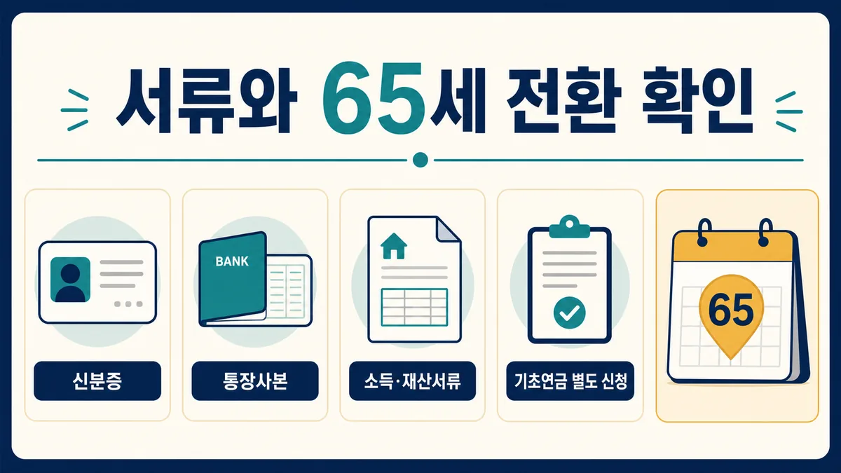 장애인연금 신청에 필요한 신분증·통장사본·소득재산서류와 65세 기초연금 별도 신청을 안내하는 카드