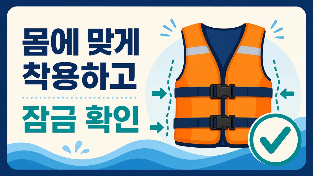 몸에 맞는 구명조끼의 버클과 잠금 상태를 확인하는 카드 이미지
