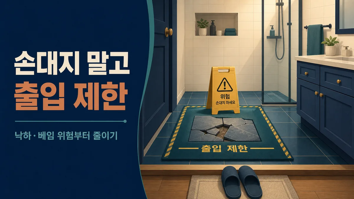 깨지거나 들뜬 욕실 타일 구역의 출입을 제한하고 낙하·베임 위험을 줄이는 안전 조치