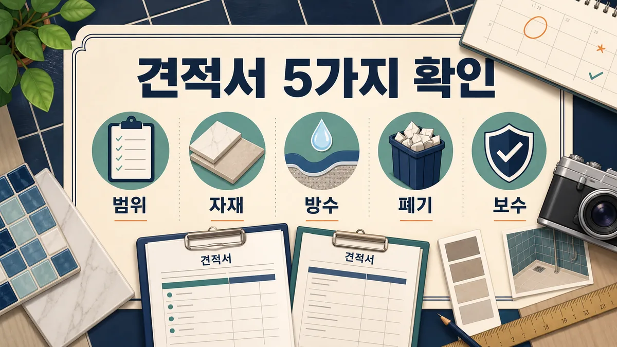 욕실 타일 보수 견적서에서 공사 범위·자재·방수·폐기·하자보수를 비교하는 카드