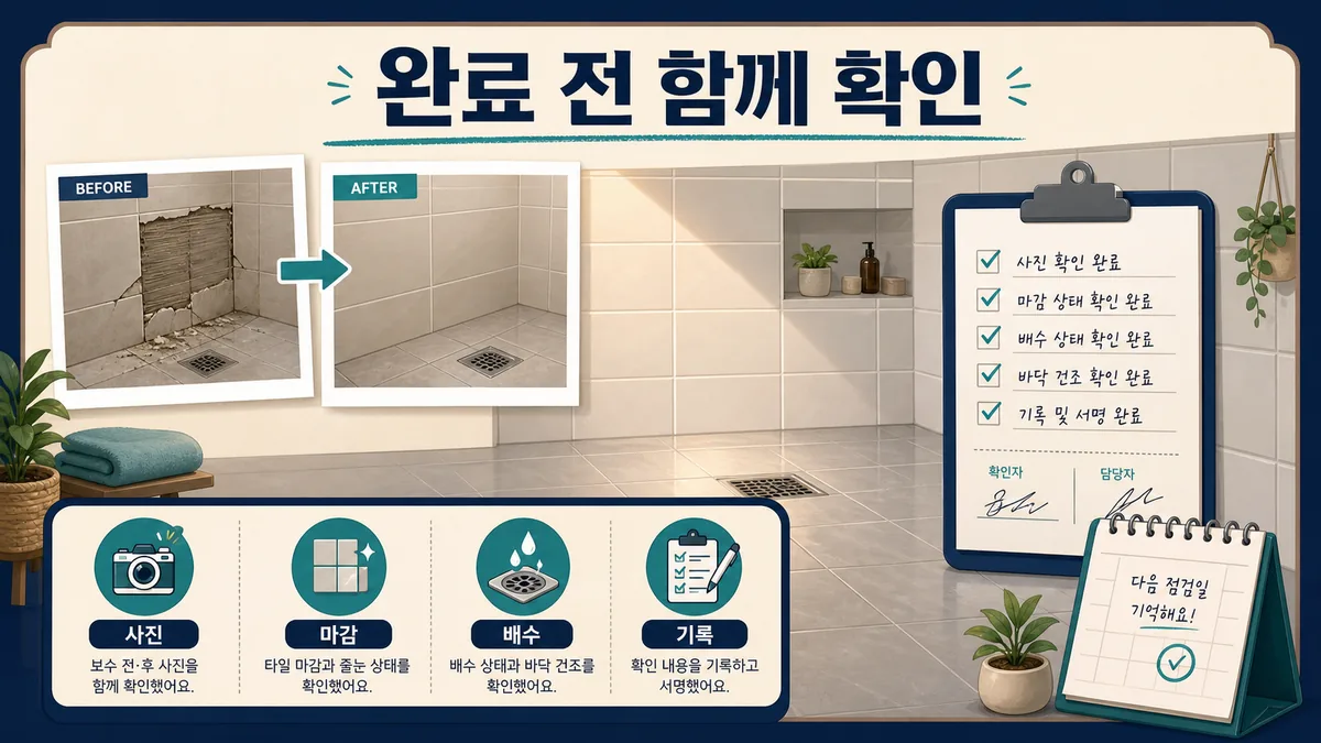 욕실 타일 보수 전후 사진과 마감·배수·완료 기록을 함께 확인하는 최종 점검표